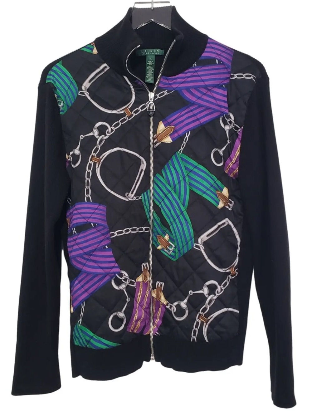 Lauren Ralph Lauren Black Zip Jacket with Horse Bit Purple and Green Scarf Print